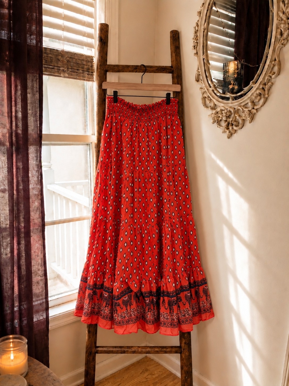 Boho Orange Elephant Print Tiered Maxi